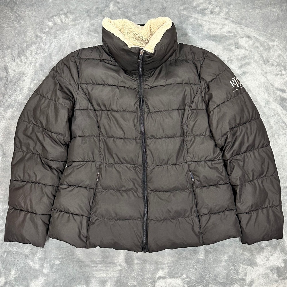 Lauren Ralph Lauren Black Puffer Jacket Sherpa Collar Down Blend Womens Large